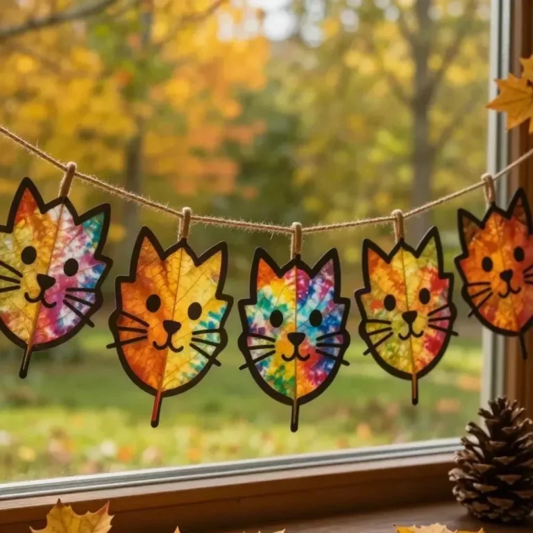 Rainbow Kitten Fall Leaf Suncatcher Garland adding vibrant colors to decor