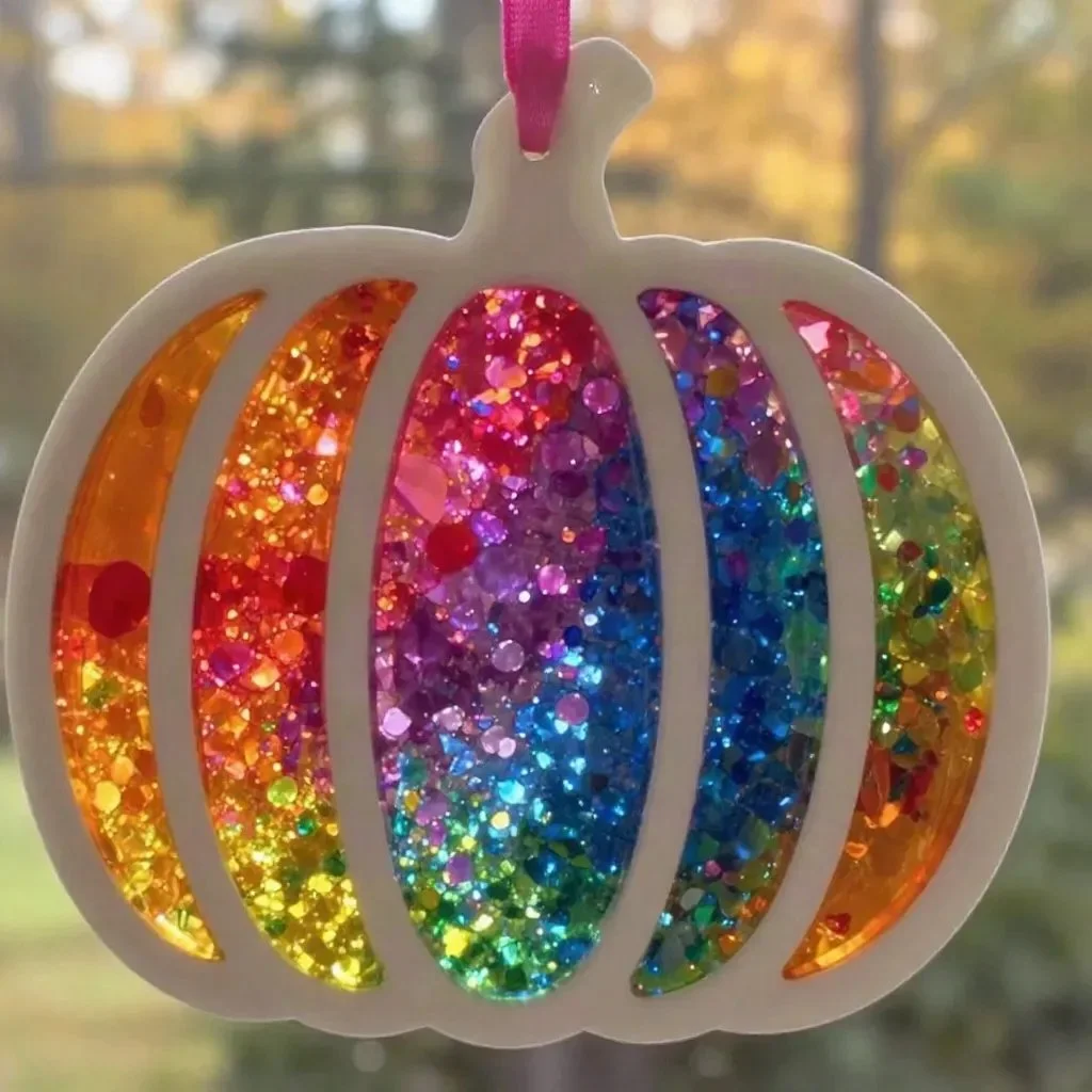 Colorful rainbow melted crayon pumpkin suncatcher hanging in window