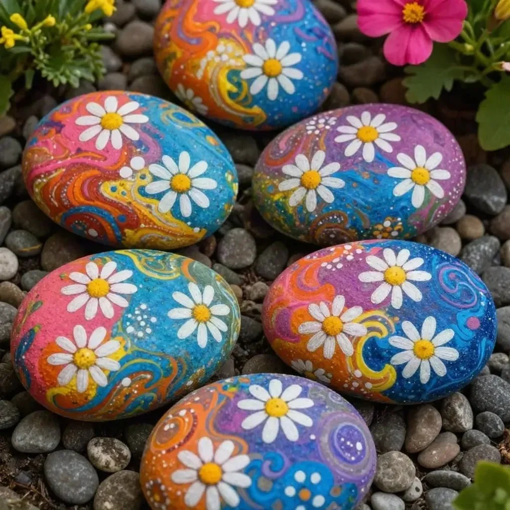 Colorful rainbow painted rocks in a vibrant flower garden