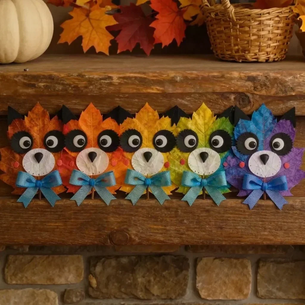 Kids crafting colorful fall leaves with Rainbow Panda theme