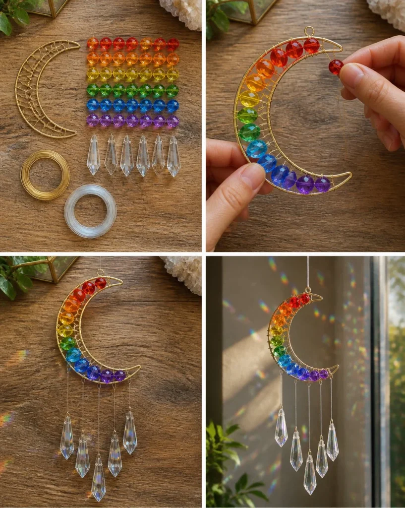 Rainbow Prism Moon Suncatcher with Crystal Glass Charm for home decor
