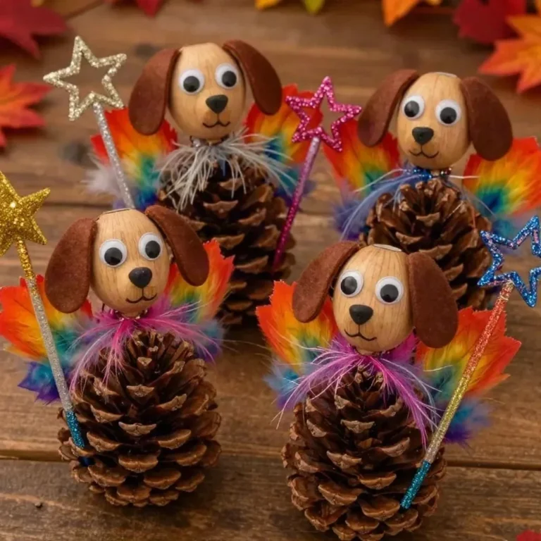 Colorful Rainbow Puppy surrounded by magical Pinecone Fall Fairies in autumn setting.