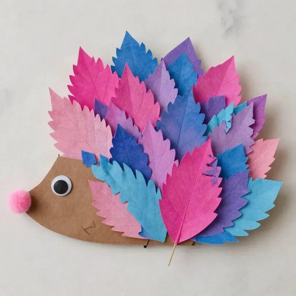 Rainbow watercolor leaf hedgehog craft for kids using colorful paper and paint