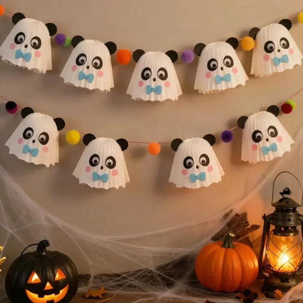 Spooky-cute panda ghost cupcake-liner garland for Halloween decor
