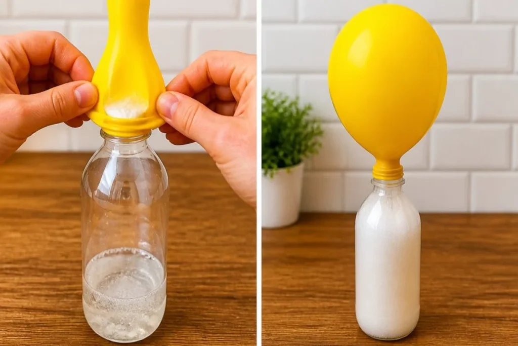 Baking soda balloon experiment: Fun science activity demonstrating chemical reactions.