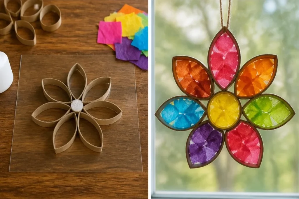 DIY Borax Flower Suncatcher radiating rainbow colors in sunlight