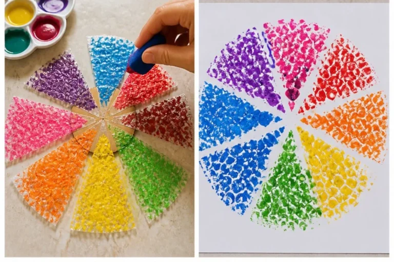 Child creating a colorful bubble-wrap pinwheel painting with bright paints.