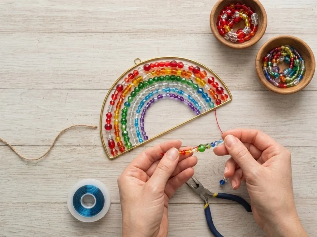 Clear Blue Rainbow Schoolhouse Suncatcher casting colorful light.