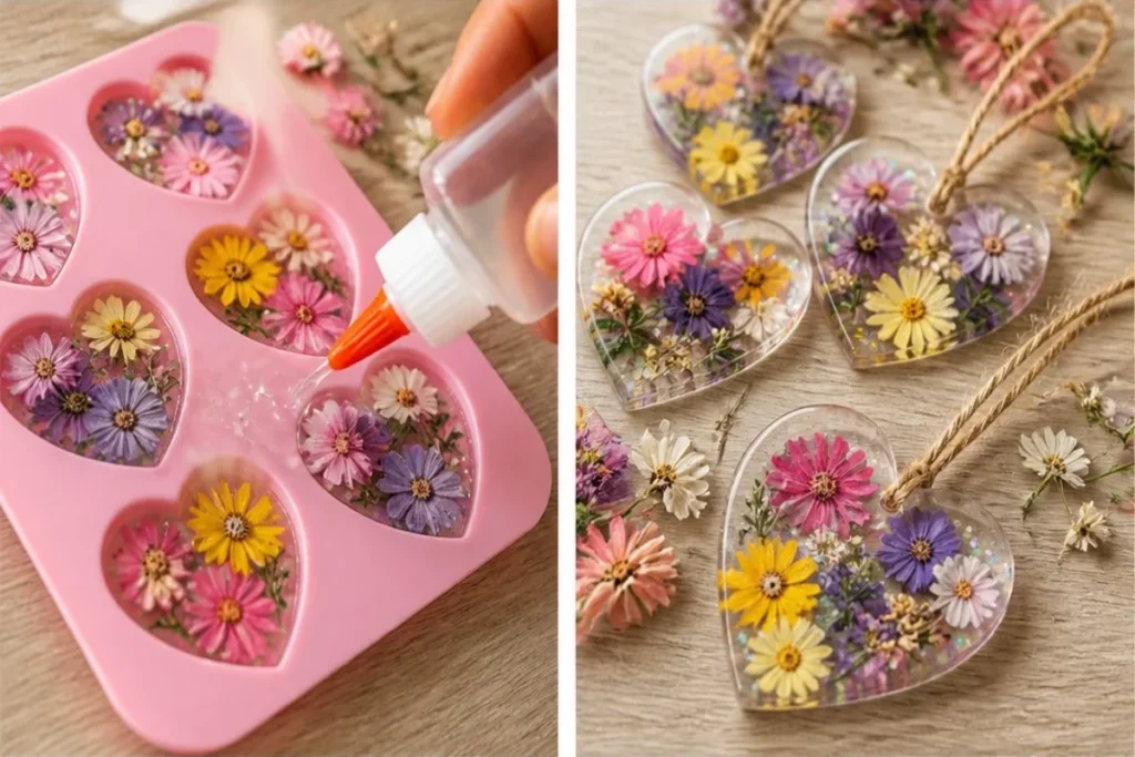 Crafting with clear glue to create beautiful flower hearts