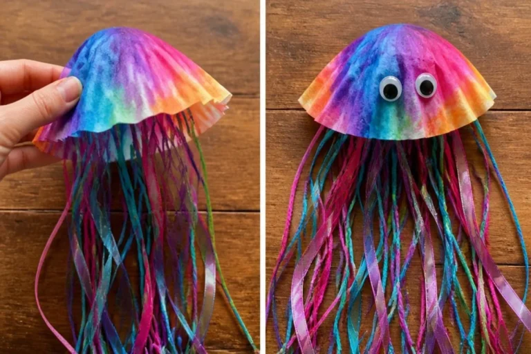 Colorful coffee filter jellyfish craft made from paper and dye