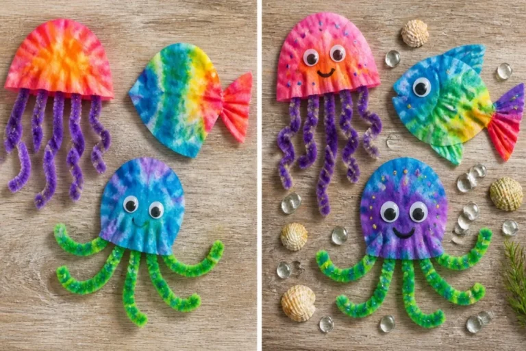 Colorful coffee filter sea creatures crafted as fun ocean-themed decorations