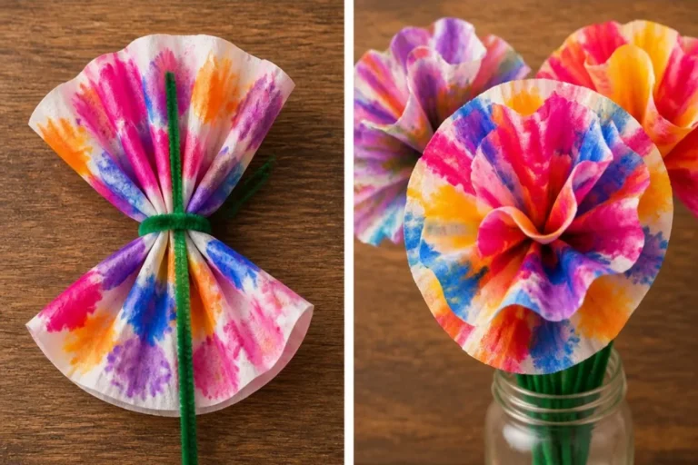 Colorful coffee filter tie-dye flowers displayed in a vase.