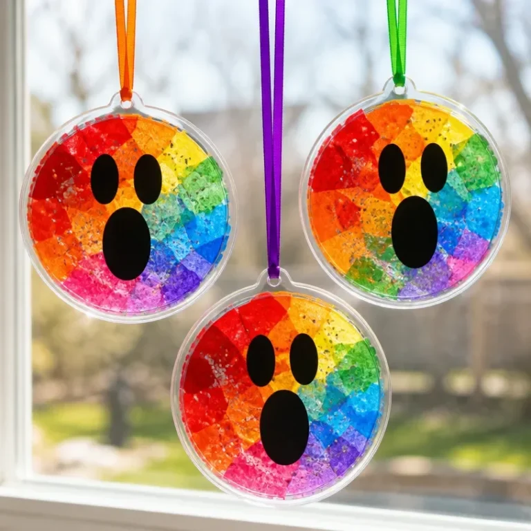 Colorful rainbow glass suncatchers hanging in a window