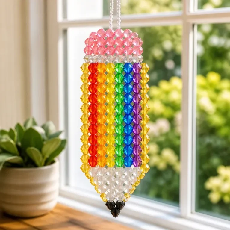 Colorful rainbow prism pencil ornament hanging in window, reflecting light