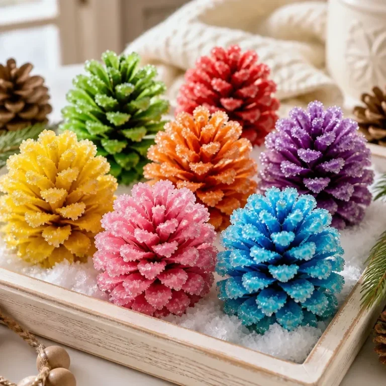 Frozen rainbow-inspired crystal pinecones for stunning home decor