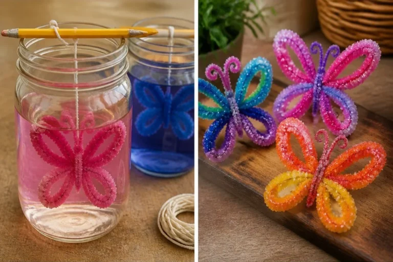 Colorful crystal pipe cleaner butterflies for craft projects and decorations.