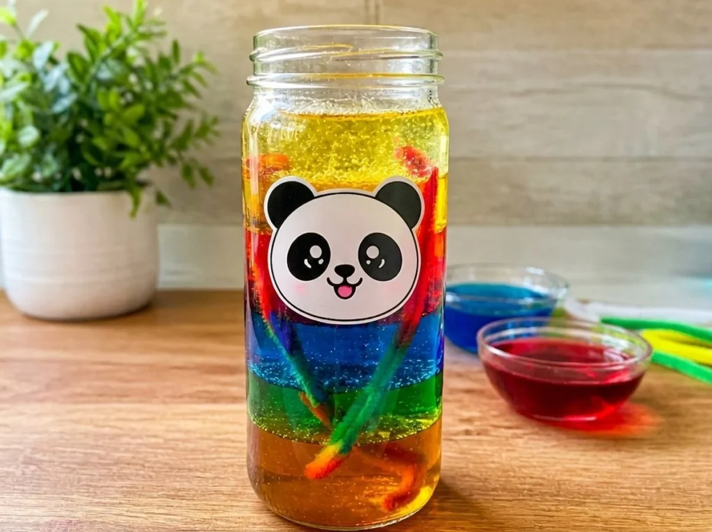 Density tower made with Borax pipe cleaner and melted crayons in a mason jar.