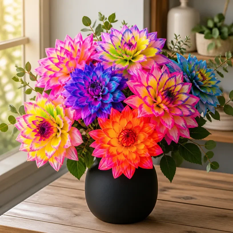 DIY neon glow dahlias creating vibrant neon flower arrangements