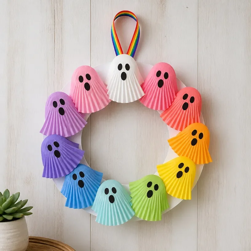 DIY Rainbow Cupcake Liner Ghost Wreath