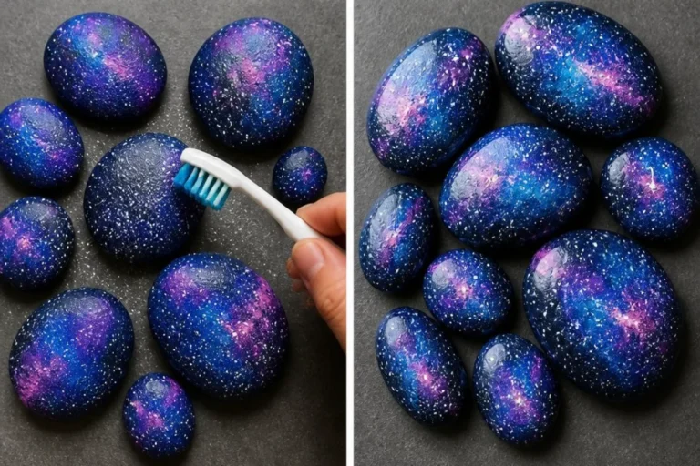Colorful galaxy painted pebbles with cosmic designs and vibrant colors