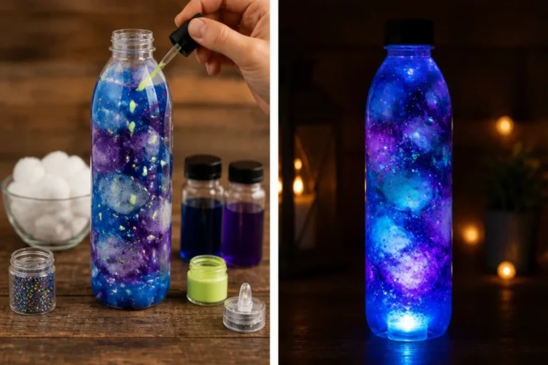 Glow-in-the-Dark Nebula Bottle illuminating a dark room with cosmic designs