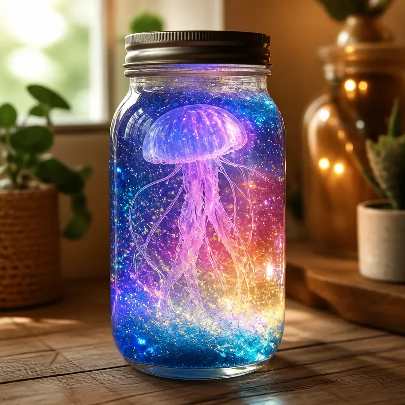 Glowing jellyfish jar with rainbow ocean lights creating a calming atmosphere.