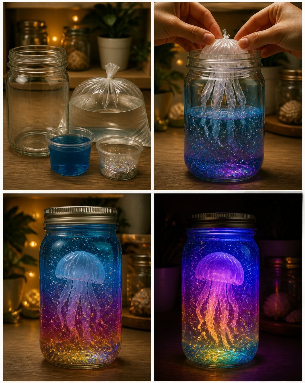 Glowing Jellyfish Jar Featuring Rainbow Ocean Lights