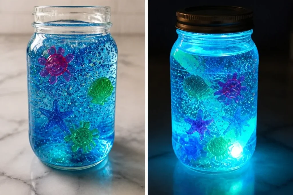 Glowing Ocean Jar illuminating a dark room with ocean-themed decor.
