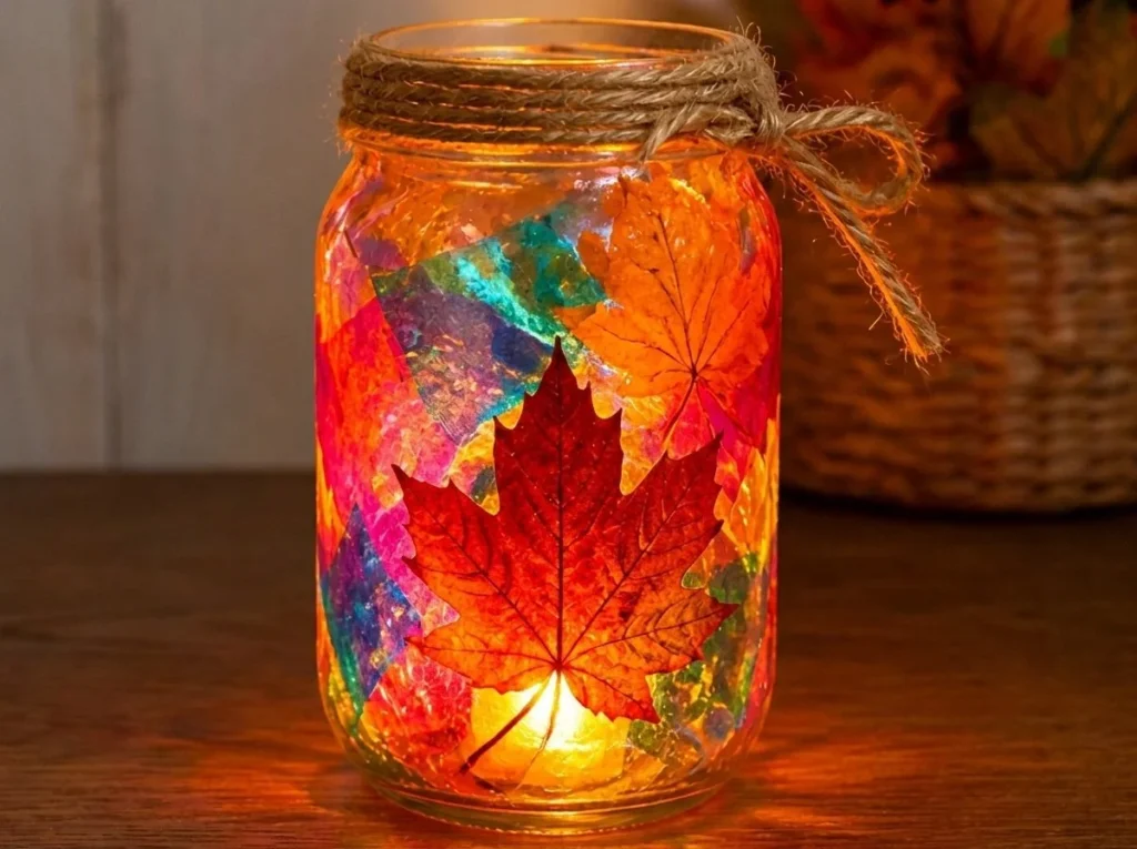 Glowing Rainbow Fall Leaf Lantern creating a warm autumn ambiance.