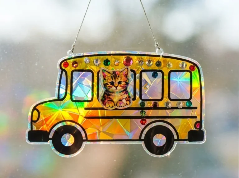 Holographic Kitten School Bus suncatcher casting colorful light reflections