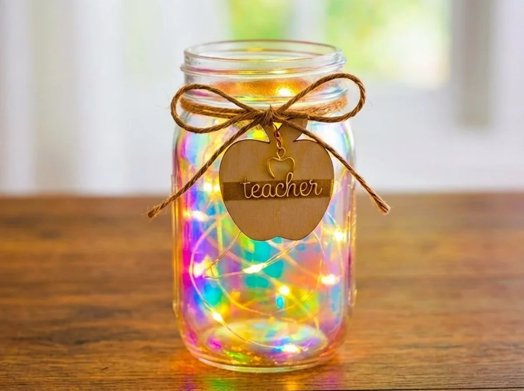Holographic Rainbow Apple Teacher Lantern brightens learning with colorful holographic design.