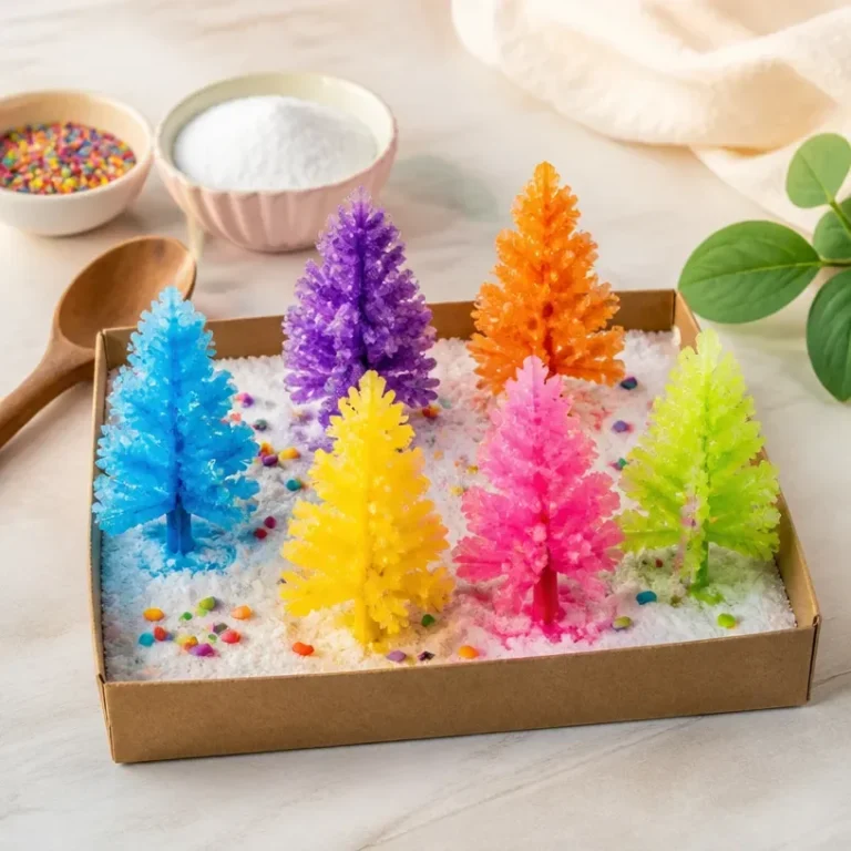 Baking soda crystal tree growing experiment with vibrant crystals.
