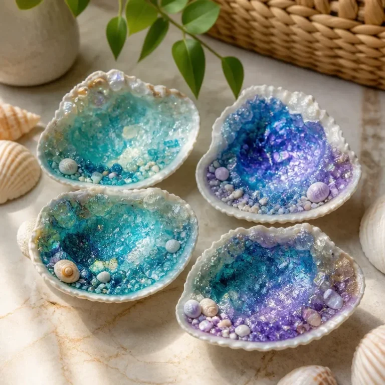 A beautiful display of homemade Crystal Seashell Geodes in various colors and shapes.