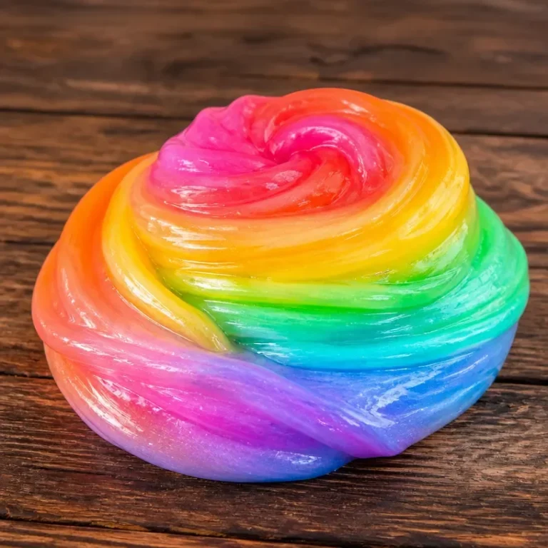 Vibrant glowing rainbow slime in a clear bowl, ready for play.