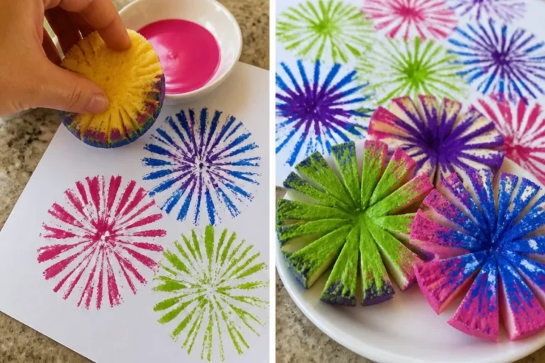 Colorful kitchen sponge with firework prints for a fun dishwashing experience.
