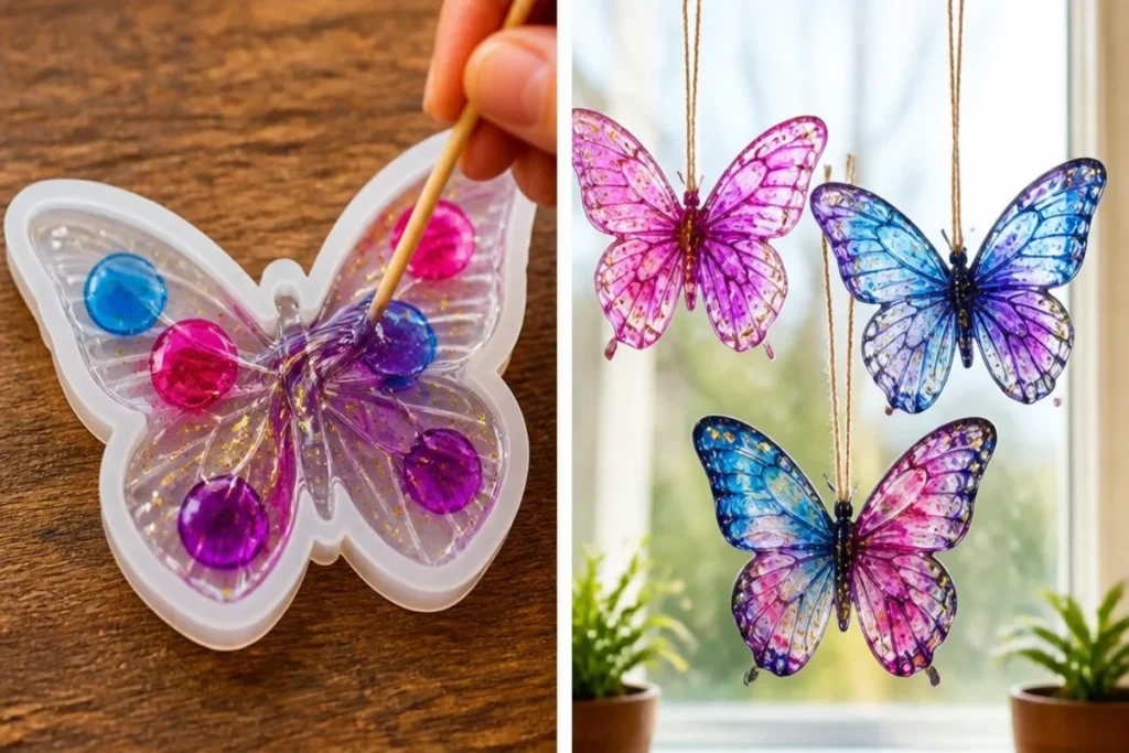 Colorful marbled glue butterfly suncatchers hanging in sunlight