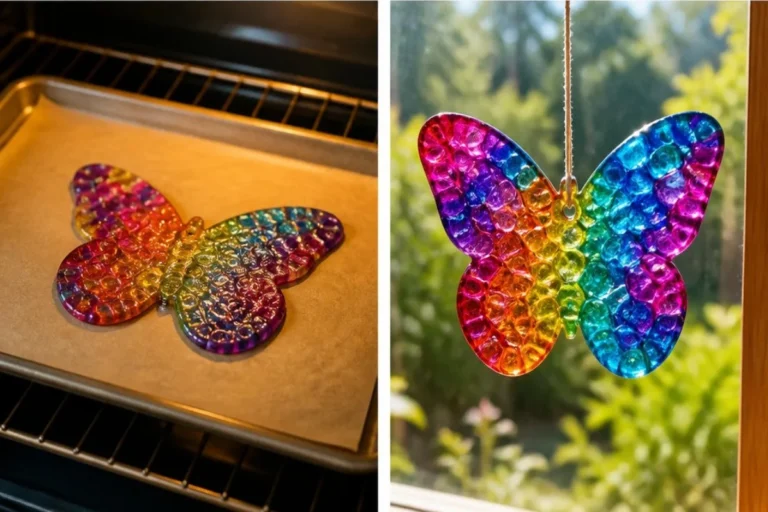 Melted bead butterfly suncatcher hanging in sunlight