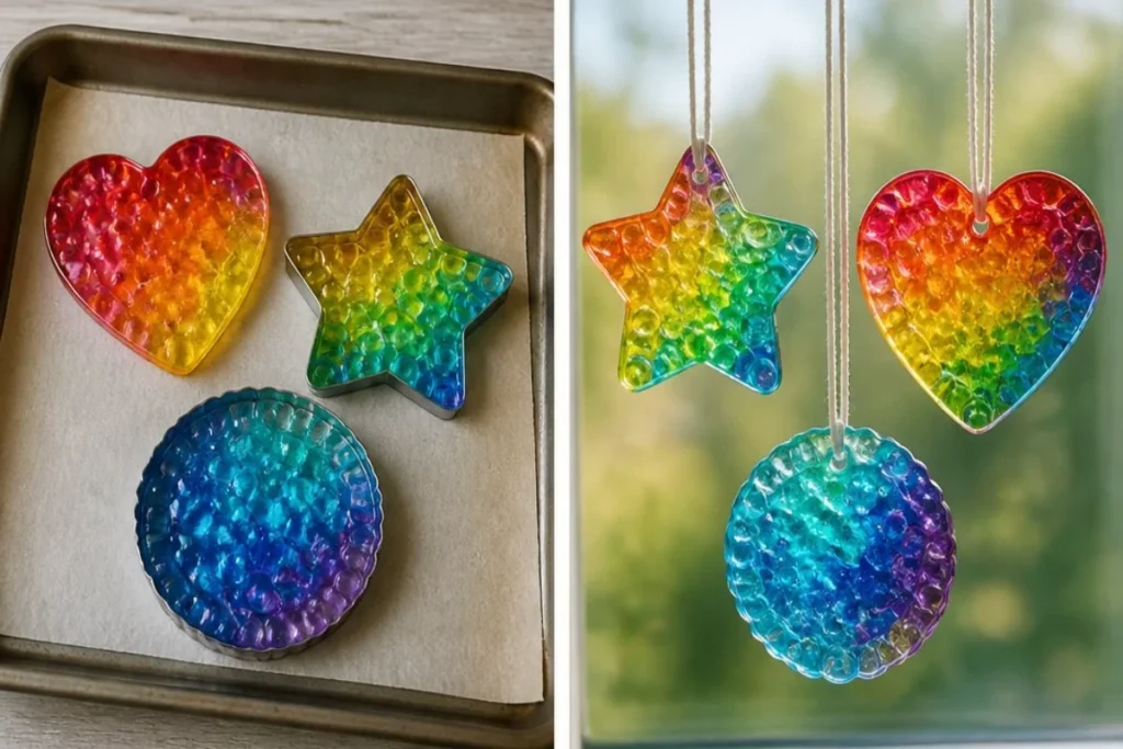 Colorful melted rainbow suncatchers hanging by the window