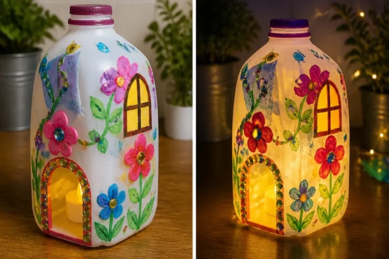 Milk jug fairy lanterns illuminating a garden with magical light