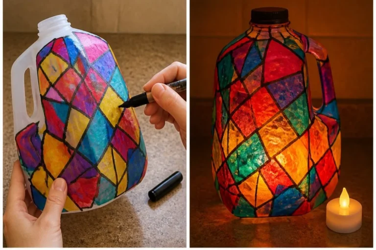 Beautiful milk jug stained-glass lanterns shining bright in a cozy setting.