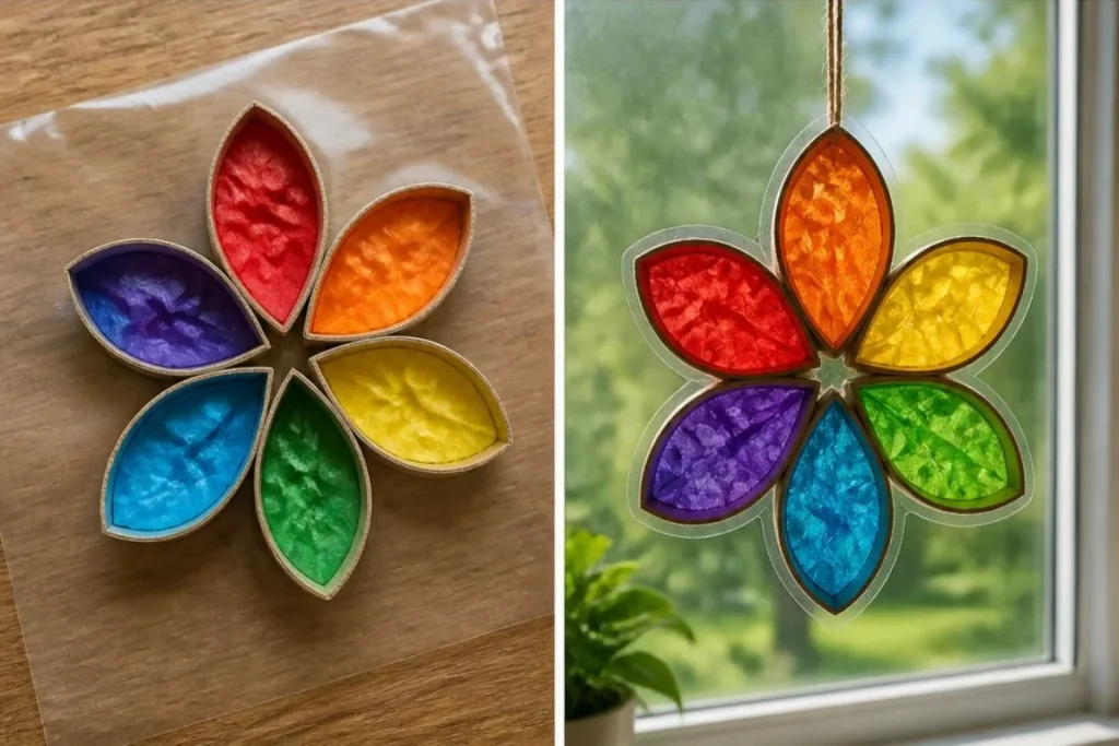 Colorful paper roll rainbow window flower craft for kids