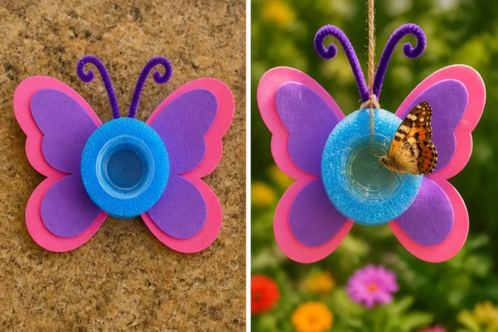 DIY Pool Noodle Butterfly Feeder for attracting butterflies in the garden.