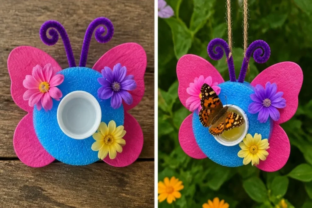 DIY pool noodle butterfly nectar station design for garden attraction.