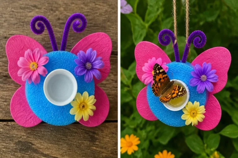 DIY pool noodle butterfly nectar station design for garden attraction.