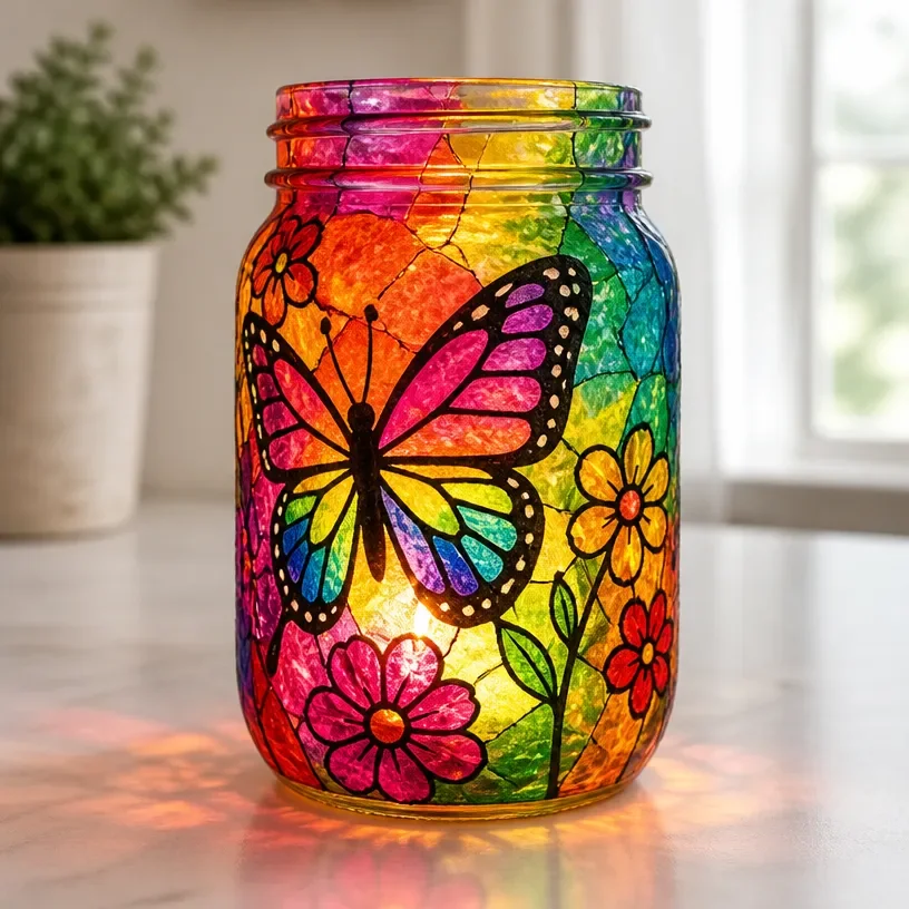 Stained glass Rainbow Butterfly Jar showcasing vibrant colors and delicate butterfly design