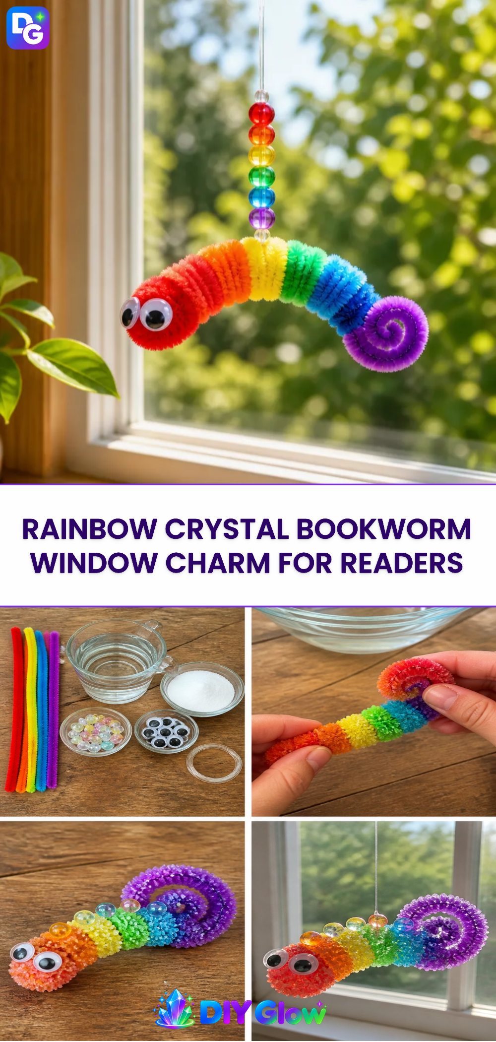 Rainbow Crystal Bookworm Window Charm for Readers