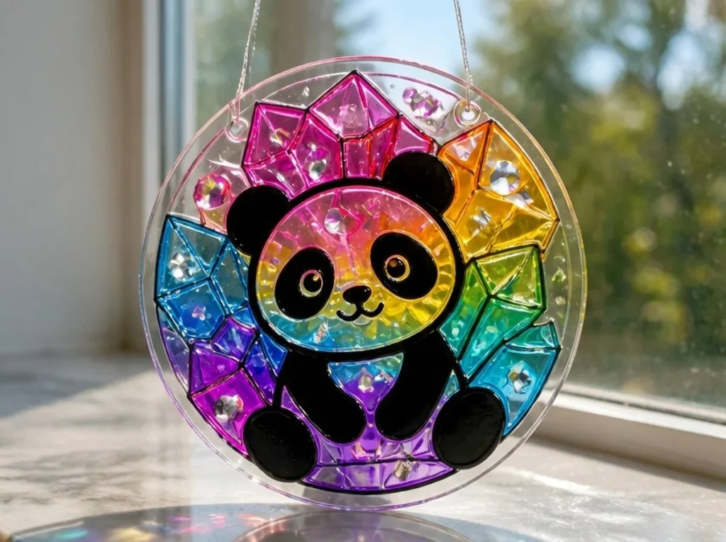 Colorful Rainbow Crystal Panda Suncatcher reflecting light