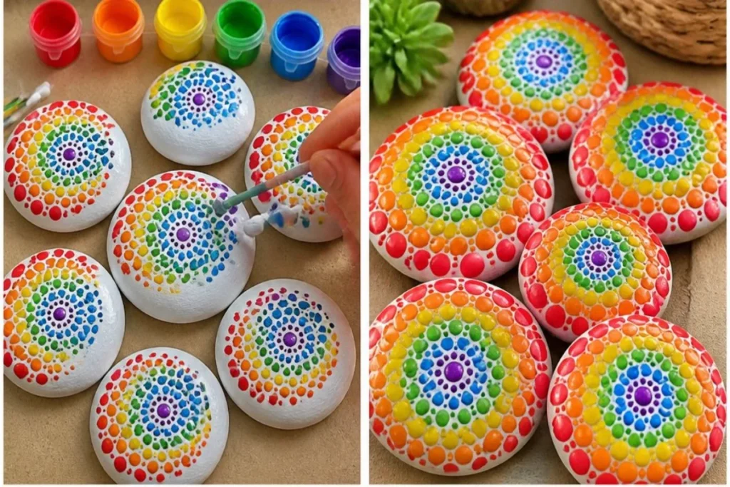 Vibrant Rainbow Mandala stones arranged in a decorative pattern