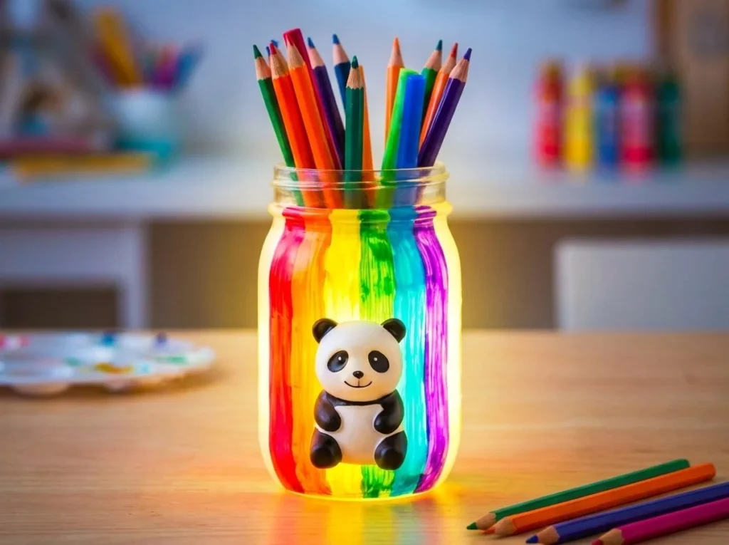 Colorful Rainbow Panda Glow Pencil Jar for art and creativity.
