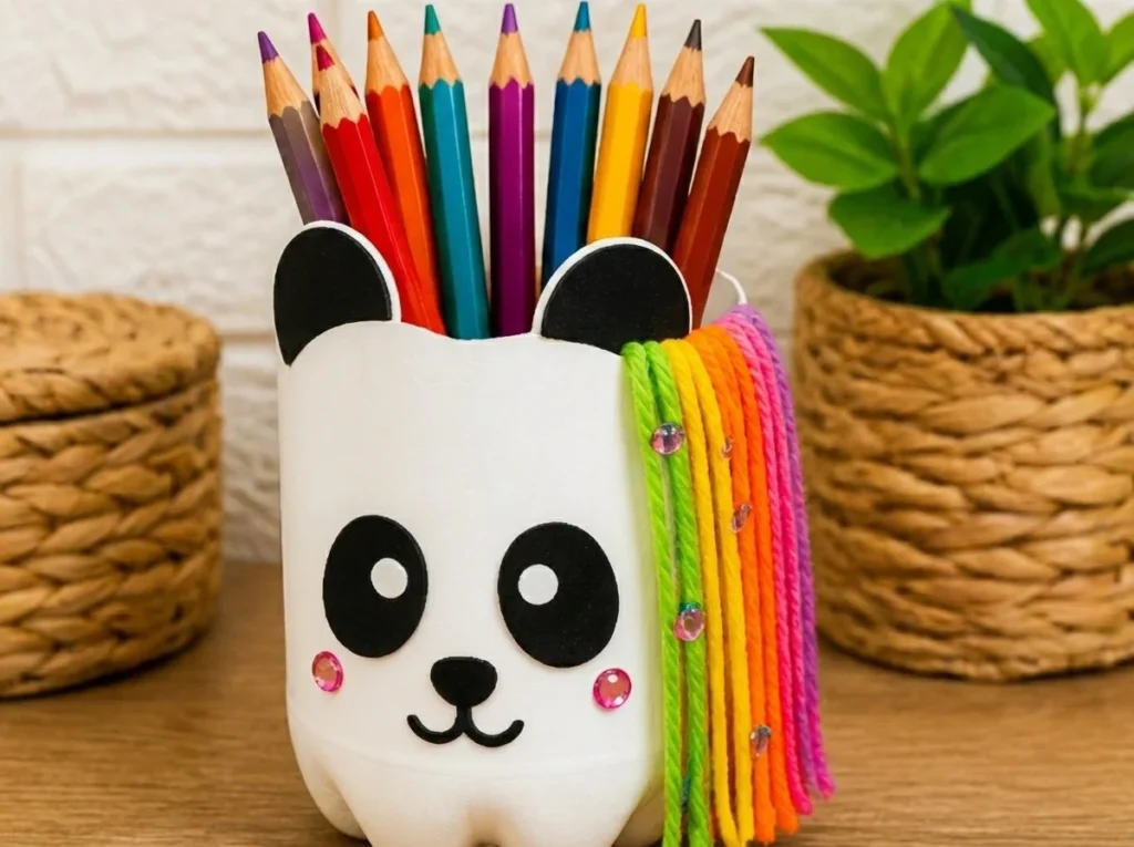 Rainbow Panda Pencil Cup from a Recycled Bottle